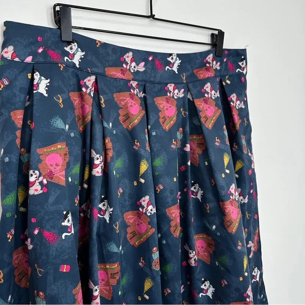 Lindy Bop Pleated Aline Skirt Teddy Bear Rabbit Skull Retro Print size 18